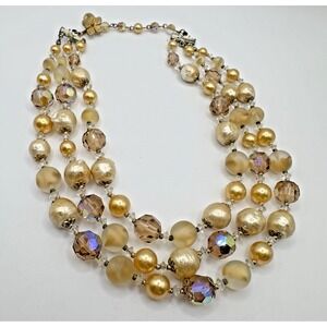 VENDOME Vintage Triple Strand Necklace Crystal Faux Pearl Signed 16" Warm Tones